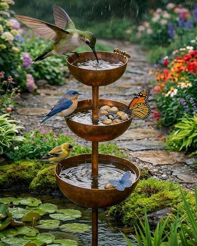 Rain Catcher - Plant Support Metal Garden Ornament, Rain Catcher Garden Stake with 3-Tiered Water Bowls, Bee Watering Station, Bird Bath & Butterfly Feeder, Outdoor Yard Art Decor - Image 1