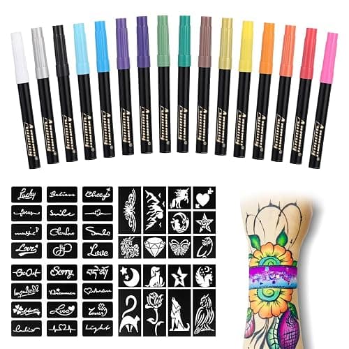 Anmmy Temporary Tattoo Markers for Skin, 16-Count Body Markers+77 Large Tattoo Stencils of Assorted Colors for kids and Adults, Flexible Brush Tip, Bright colors, Skin-Safe*, Cosmetic-Grade. - Image 1