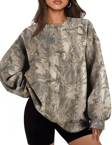 JEIBKOUY Womens Camo Sweatshirt Oversized Graphic Maple Leaf Print Crewneck Long Sleeve Y2k Trendy Fall Pullover Hoodies - Image 1