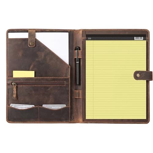 KomalC Leather Portfolio Folder with Button Closure | Business Padfolio for Professionals | Vintage Full-Grain Leather Organizer with Legal Pad Holder, Card Slots & Document Pockets (Distressed Tan) - Image 1