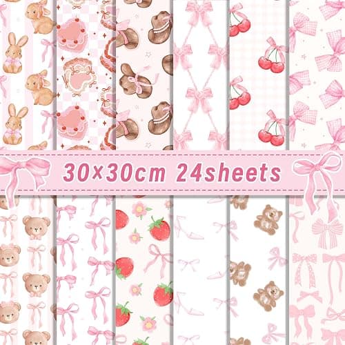 24 Sheets Pink Bow Scrapbook Paper Pink Cute Rabbit Bear Cherry Strawberry Patterned Paper for Card Making Scrapbook Photo Album Journal DIY Craft, 11.8 Γ 11.8 Inches - Image 1