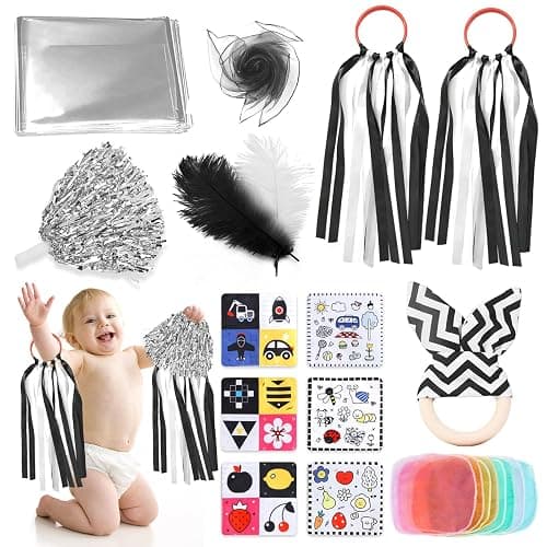 19 Pc Baby Sensory Set - Black & White Sensory Toys with Foil Blanket, Baby Scarves, Feather, Cheerleading Pom Poms & Crinkle Toys - Image 1