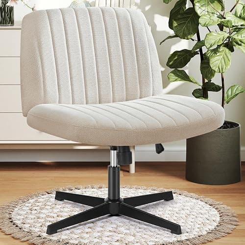 DUMOS Desk Chair No Wheels, Criss Cross Chair Wide Cross Legged Office Desk Vanity Comfy Chair, Armless Adjustable Swivel Chairs for Home Computer Task Beige - Image 1