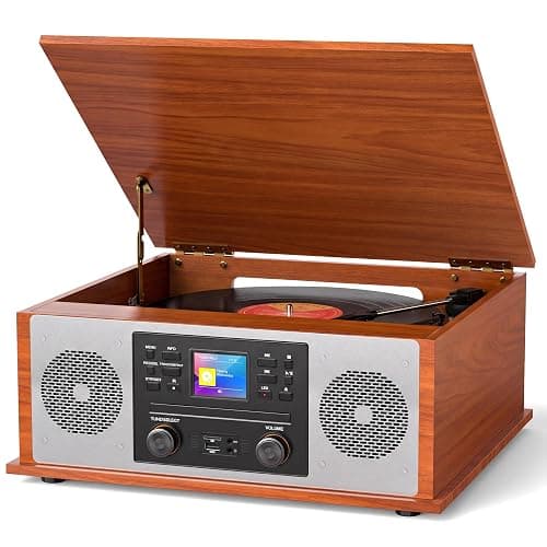 10 in 1 Bluetooth Record Player All-in-One Multimedia Center | Stereo Speakers, CD Player, Internet Radio, 3-Speed Turntable, Clock, Alarm, USB Recording, RCA Out, LCD Display, Red Wood - Image 1
