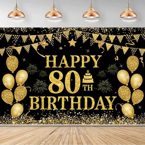 80th Birthday Decorations for Men Women - Happy 80th Birthday Banners Decorations Black Gold 80 Years Birthday Party Favor Backdrop for 80th Birthday Party Sign Decor (71 x 45 inch) - Image 1