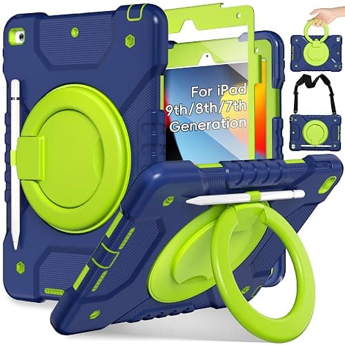 Andnary Case for iPad 9th/8th/7th Generation 10.2 inch, Shockproof Cover with Screen Protector/360° Rotating Handle/Bracket/Pen Holder/Shoulder Strap, Kids Case for iPad 2021/2020/2019 (Navy+Green) - Image 1