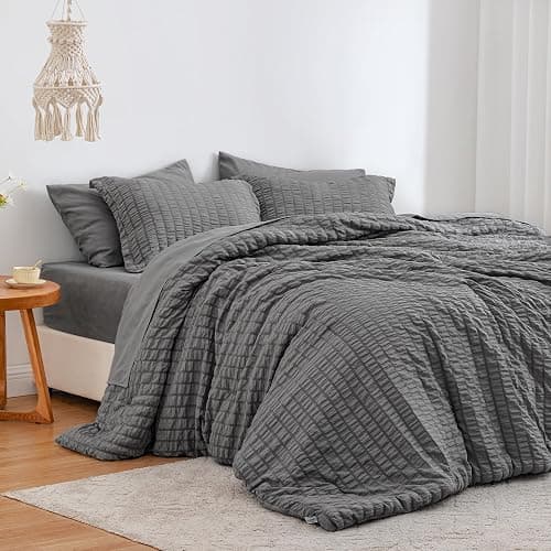Love's cabin Seersucker Dark Grey King Size Comforter Set 7 Pieces, All Season Bedding Set, King Bed in a Bag Comforter Set with Comforter, Flat Sheet, Fitted Sheet, Pillowcase and Pillow Sham - Image 1