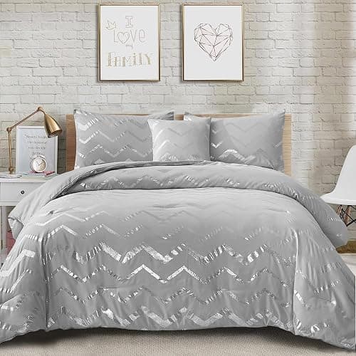 Grey Metallic Silver Duvet Cover Set with 2 Pillowcases Soft Microfiber Geometric Striped Bedding Set,King Size 220x230 cm - King Size 220x230cm - Gray - Image 1