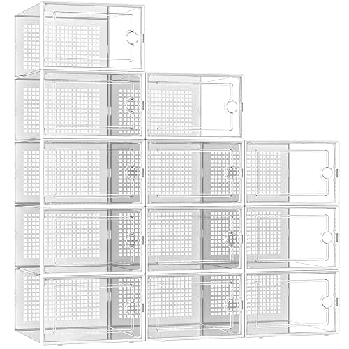 Kuject X-Large Shoe Storage Boxes 12 Pack, Clear Stackable Shoe Organizer | Shoe Case for Closet, Entryway & Under-Bed Storage, Drop-Front Design, Space-Saving Solution for Family Organization,White - Image 1