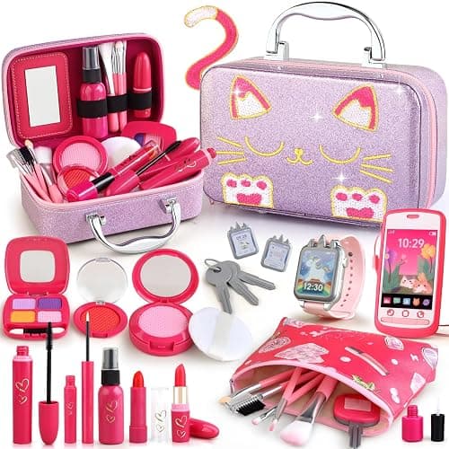 Woumserta Girl Gift Pretend Makeup for Toddlers 3-5 4-6, Fake Makeup Set with Cat Commetic Case, Play Makeup for Kids Age 3 4 5 Year Old, Toddler Make Up Kit for Little Girls Birthday - Image 1