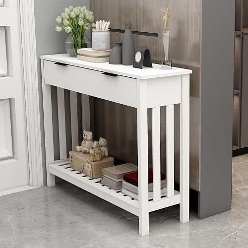 TaoHFE White Narrow Console Table with Storage Modern Wood Entryway Table with Drawer Hallway Table Sofa Tables for Living Room, Entrance Tables for Front Door Corridor, Office, White - White - with Drawer - Image 1