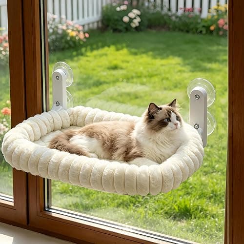 AMOSIJOY Cordless Cat Window Perch, Window Hammock for Cats with 4 Strong Suction Cups, Solid Metal Frame and Cushion Bed Cover, Indoor Cat Bed (L,Stripe) - Image 1