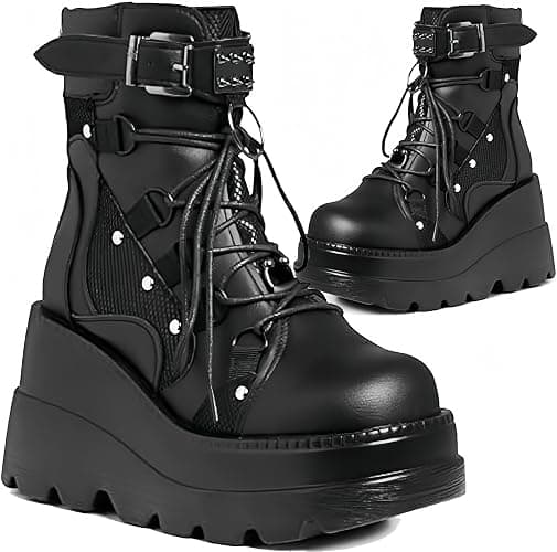 MACVISE Womens Goth Platform Boots Chunky High Heel Booties Round Toe Combat Ankle Boots Womens Lace Up Motorcycle Wedges Shoes - Image 1