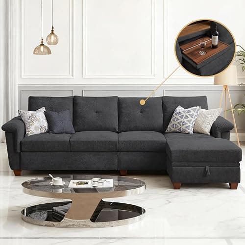 Pingliang Home 4-Seat Sectional Couches for Living Room, Bedroom, Office, L Shape Convertible Sectional Sofa Couch with Ottoman and Cup Holders, Dark Grey - Image 1