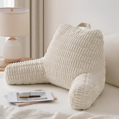 Blissful Diary Reading Pillow, Backrest Pillow with Shredded Memory Foam for Adult & Children, Designed for Bed and Couch Sitting Up, Includes Arms, Pockets and Washable Cover, Off White - Image 1