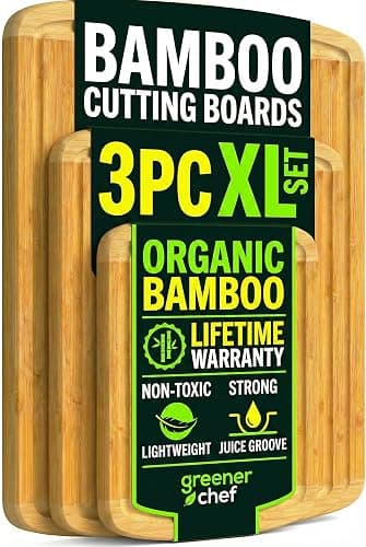 GREENER CHEF Organic Bamboo Cutting Board Set of 3 with Lifetime Replacements – Premium Extra Large Wood Cutting Boards for Kitchen with Juice Grooves for Carving & Serving, Non Toxic & Durable - Image 1
