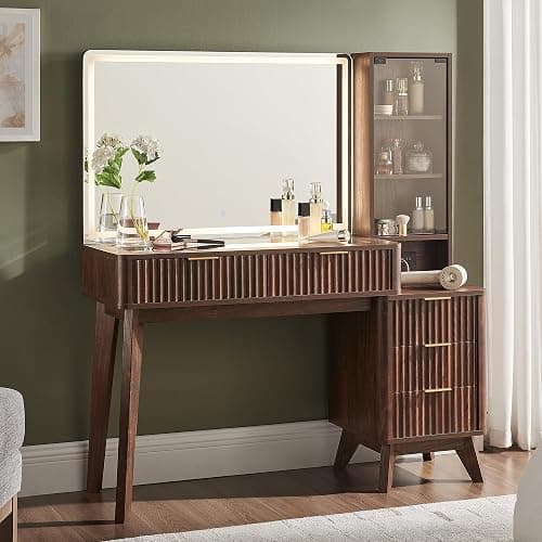 T4TREAM 48" Fluted Makeup Vanity Desk with Large 36" Mirror and Lights, Modern Glass Top Big Vanity Table w/5 Drawers & Adjustable Shelves, Dressing Table w/Charging Station for Bedroom, Dark Walnut - Image 1