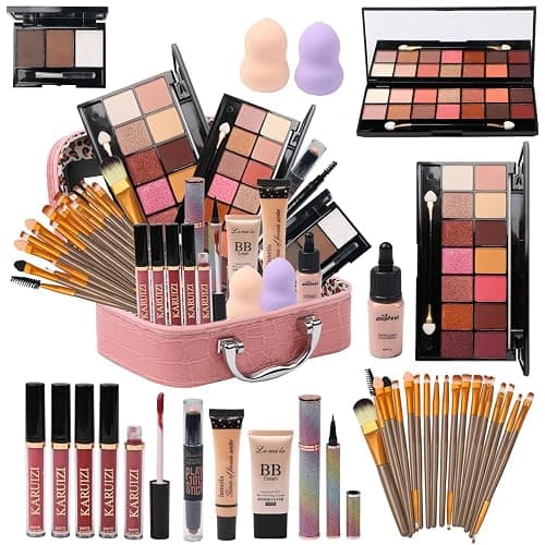 MTDXILTAI All in One Makeup Kit for Makeup storage bag 2X14 Colors Eyeshadow Palette Liquid Foundation Eyeliner Pencils Contouring Stick 20Pcs Makeup Brushes For Women Girls Teens (Pink) - Pink - Image 1