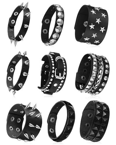 Hicarer 9 Pcs Spiked Studded Bracelet Black Leather Rivet Punk Bracelet Y2k Cuff Wrap Bangle Snap Button Wristband Men Women - Image 1