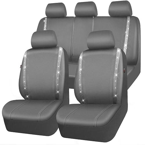 CAR PASS Bling Car Seat Covers Full Set, Shining Glitter Rhinestone Diamond Waterproof Faux Leather Interior Sets Universal Fit Automotive Glitter Crystal Sparkle Strips for Cute Women Girl, Gray - Image 1