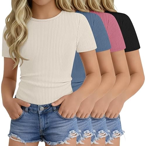 Oakgarden 4 Pack Girls T Shirts 5-14 Years Short Sleeve Ribbed Tops Crew Neck Slim Fit Summer Casual Cute Basic Tees for Kids - Image 1