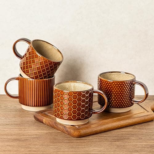 GBHOME 12 OZ Stackable Coffee Mugs, Ceramic Coffee Cups with Texture Patterns for Man,Woman,Dad,Mom, Modern Coffee Mugs Set of 4 for Latte/Cappuccino/Cocoa. Dishwasher&Microwave Safe - Caramel - 12oz - Image 1