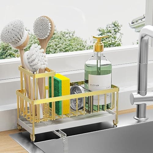 Cisily Sponge Holder for Kitchen Sink, Sink Caddy with High Brush Holder, Organzier Rustproof 304 Stainless Steel Dish Organizer Divider, Soap Dispenser Storage(Gold) - Gold - Image 1