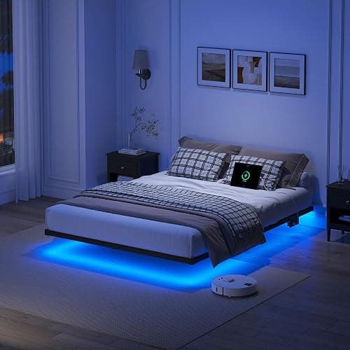 YORMDMO Floating Bed Frame Queen Size, Heavy Duty Bedframe with Smart LED Lights & Charging Station, Modern Metal Platform Bed, Easy Assembly No Box Spring Needed, 8 Inch - Image 1