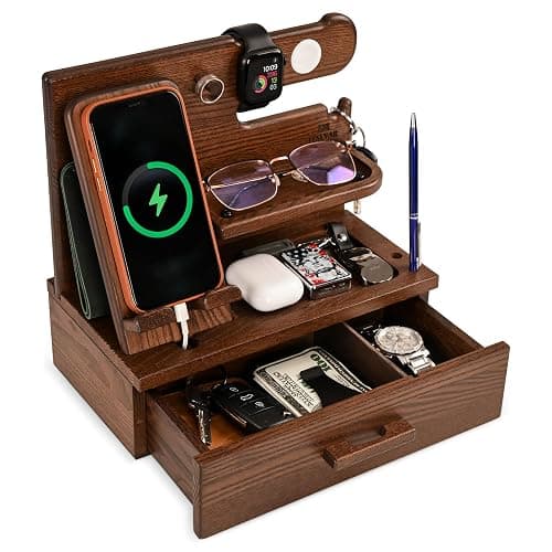 TESLYAR Wood Phone Docking Station with Drawer - Nightstand Organizer - Desk Organizer for Husband - Birthday Gifts for Men, Dad, Anniversary Idea, Key Holder Stand Watch & Accessories (Bourbon Brown) - Image 1