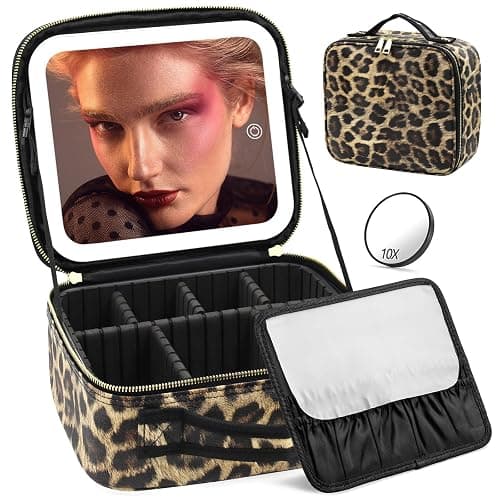 Jadazror Makeup Bag with Light Up Mirror, Lighted Travel Makeup Organizer 3 Colors Adjustable Brightness, Makeup Bag with Mirror and Light, Travel Train Case Portable Cosmetic Bag for Women(Leopard) - Image 1