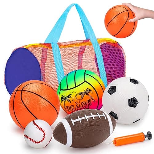 5 Pack Sports Balls Set for Kids with Bag Balls for Toddlers 1-3 Football Soccer Basketball Baseball Volleyball Outdoor Toys Sport Bouncy Playground Kickball Hand Pump Outside Toddler 1-3 2-4 3-5 Gift - Image 1