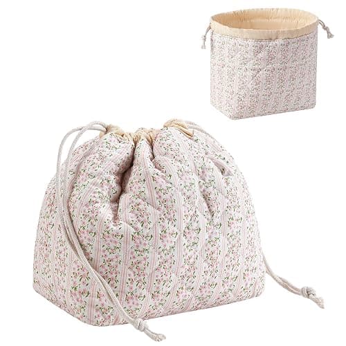 RSRSLEII Small Cotton Quilted Drawstring Makeup Bag, Cute Coquette Cosmetic Bag with Canvas Lining, Aesthetic Travel Organized Toiletry Bags for Purse, Gift for Girls and women(02Samll Flower) - Image 1