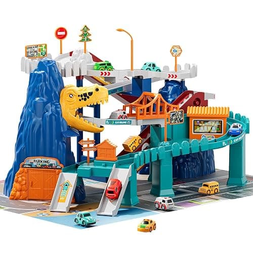 TEMI Boys Dinosaur Race Track Playset, Kids Car Garage Parking Adventure Toy with 10 Mini Cars, Educational Toy Ramp Playset for 3 4 5 7 8 Year Old Toddler Boys Preschool Girls - Orange-dinosaur Track Car - Image 1
