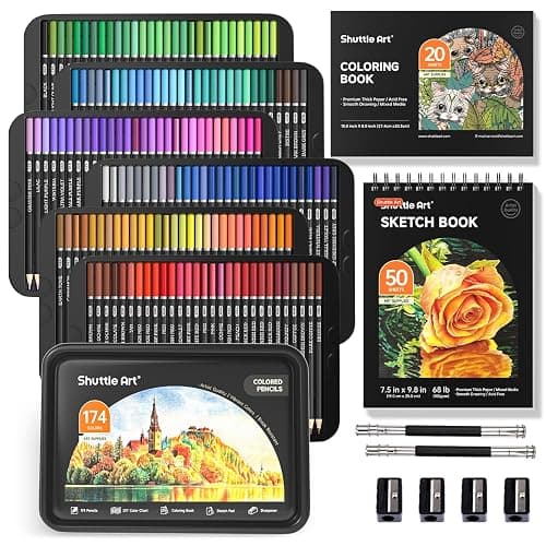 Shuttle Art 174 Colored Pencils for Adults, Soft Core Coloring Pencils Set with 1 Coloring Book, 1 Sketch Pad, 4 Sharpener, 2 Pencil Extender, Perfect for Artists Kids Adults, Drawing - Image 1