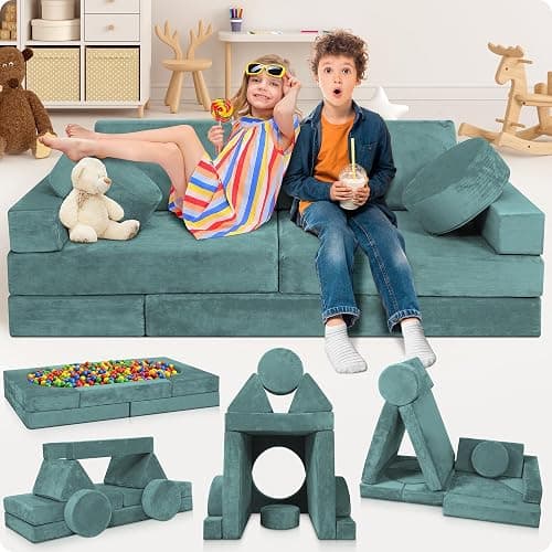 Lunix LX15 14pcs Modular Kids Play Couch, Design-Patent Child Sectional Sofa, Fort-Play Bedroom Playroom Furniture for Toddlers, Convertible Foam, Washable Covers, Oeko-TEX & CertiPUR-US, Sage Teal - Image 1