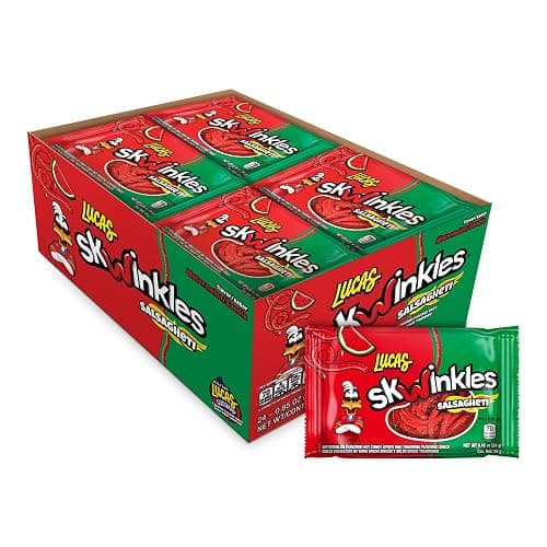 Lucas Salsagheti Watermelon Flavored Hot Candy Strips and Tamarind Sauce, 0.84 oz - 12 Pieces Pack for Treats, Snack, Parties, Piñatas,0.84 Ounce (Pack of 12) - Image 1