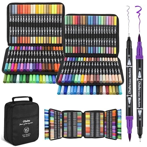 Ohuhu Markers for Adult Coloring Books No Bleeding 160 Colors Water-based Dual Tips Fineliner & Brush Coloring Markers for Kids Adults Beginners Drawing Pens for Journaling Lettering - Maui - Black - Image 1