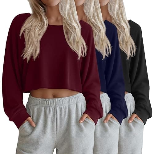 Velvelhall 3 Pack Women Cropped Long Sleeve Tops | Boat Neck, Oversized, Drop Shoulder, Loose Fit, Flowy, Basic, Casual, Workout, Spring, Fall, Tees, Lightweight - Image 1