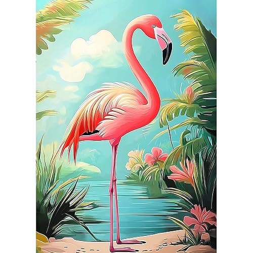 HEIBAGO Flamingo Diamond Art Kits for Adults, 5D Full Drill Round Bird Painting Gems with Beach Diamond Painting, Diamond Dots Perfect for Home Wall Decor 12x16inch - flamingo - Image 1