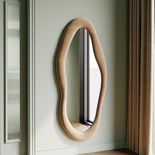 Honyee 55" x 24" Wall Mirror, Flannel Wrapped Wooden Frame Wavy Mirror, Irregular Mirror Hanging for Cloakroom/Bedroom/Living Room, Milk Tea - 55"L x 24"W - Milk Tea - Image 1