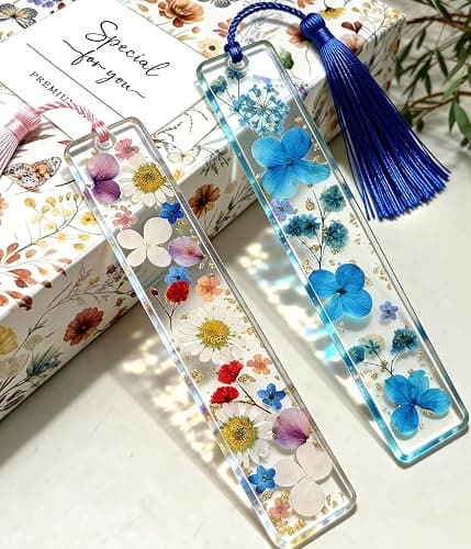 Buleens 2PCS Bookmarks for Women - Blue Book Marks for Readers Book Lovers, Personalized Handmade Dried Flower Resin Bookmark with Tassels, Pretty and Aesthetic - Image 1