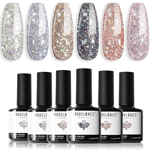 modelones Glitter Gel Nail Polish - 6 Colors Sparkle Silver Gold Pink Gel Polish Kit Soak Off Chrome Platinum Glitter Red Black Nail Polish Set Manicure Nail Art DIY Salon Home Holiday Gift for Women - Image 1