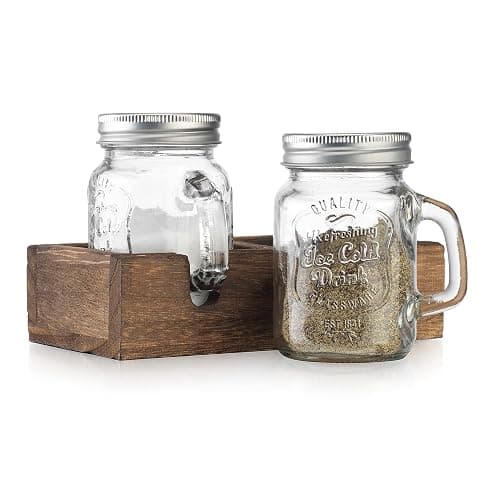 MosJos Mason Jar Salt and Pepper Shakers - Vintage Glass Condiment Dispenser Set with Wooden Holder Caddy - Farmhouse Kitchen Decor, Easy Refill 5-ounce Capacity with Stainless Steel Lids - Image 1