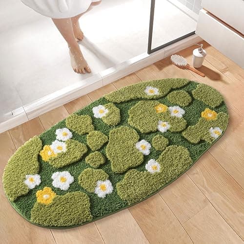 COMBLUE Green Moss Bathroom Rug Bath Mat Non Slip, Ultra Soft Absorbent Aesthetic Decor Shaggy Tufted Flower Extra Long Bath Rugs for Bathroom Floor, Shower, Bedroom, Machine Washable, 20 x 40 Inch - 40" x 20" (Rectangular) - Spring Deep Green - Image 1