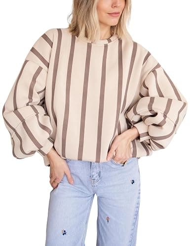Bankeng Womens Oversized Striped Sweatshirts Long Sleeve Color Block Crewneck Casual Pullover Tops - Image 1