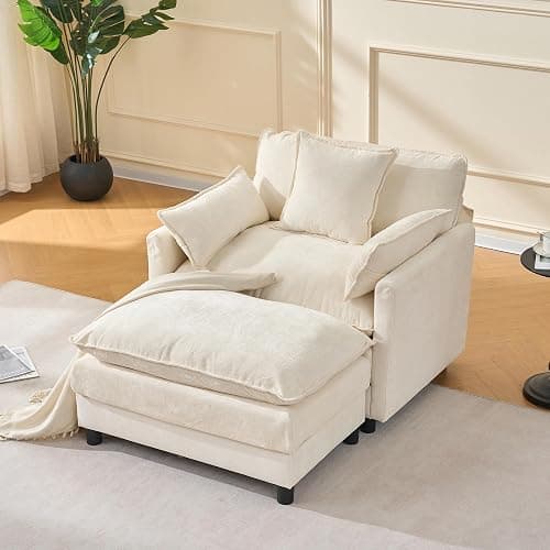 WAIRGUD Oversized Accent Chair with Ottoman, Chenille Cloud Single Sofa Upholstered Double-Layer Seat Lounge Armchair with Pillows for Living Room Reading Apartment, Beige - Image 1