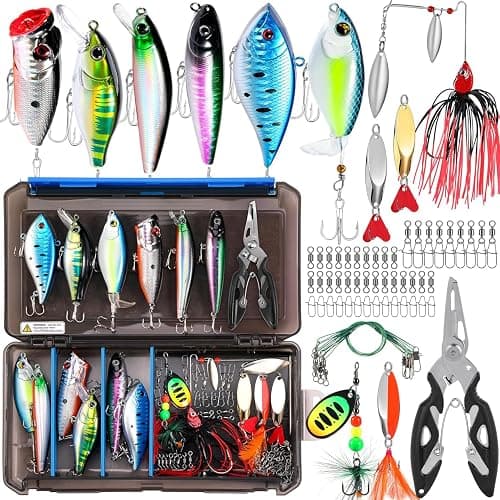 PLUSINNO Fishing Lures Fishing Tackle Box Fishing Gifts for Men, Bass, Trout Fishing Accessories Kit for Saltwater & Freshwater Fishing Gear Including Topwater Lures, Hooks, Spinnerbaits - Image 1