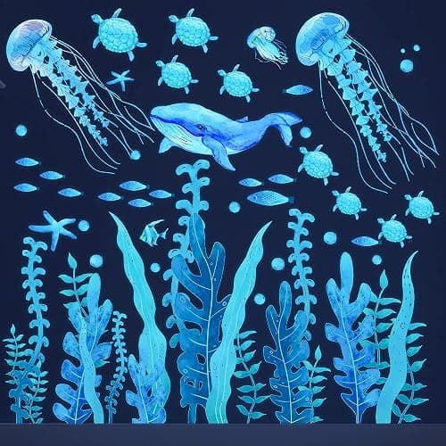 Sea Wall Decals Glow in The Dark Ocean Wall Decals Colorful Sea Turtle Seaweed Jellyfish Stickers Removable Ocean Decor for Toddler Boys Girls Bedroom Bathroom Living Room - Image 1