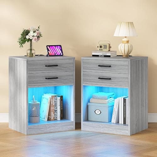 ADORNEVE LED Nightstands Set of 2,Night Stands for Bedrooms Set of 2,Nightstand with Charging Station and LED Lights,Bedside Table with Drawers & USB Ports (Grey) - Grey - Image 1