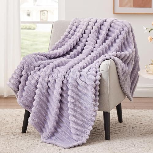 EXQ Home Fleece Blanket Twin Size for Couch or Bed - 3D Stripe Jacquard Decorative Blankets - Cozy Soft Lightweight Fuzzy Flannel Blanket Suitable for All Seasons(60"×80",Light Purple) - Image 1